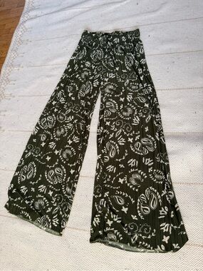 Wide Leg Women's Pants in Olive Green with White Paisley